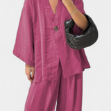 Eli Oversize Sada Top s Výstřihem do V a Rovné Kalhoty