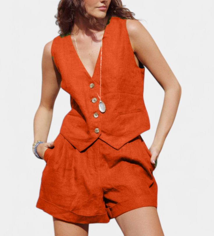 Jennifer Sada Vest a Krátké Kalhoty z Lněného Bavlněného Materiálu