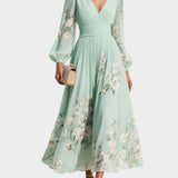 Anastasia™ | Midi šaty z chiffon s V výstřihem a světle zeleným květinovým potiskem