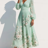 Anastasia™ | Midi šaty z chiffon s V výstřihem a světle zeleným květinovým potiskem